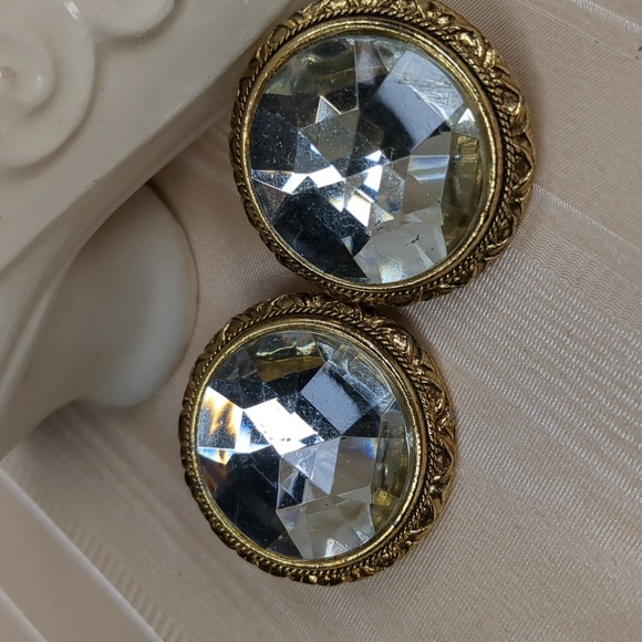 Vintage 60s Crystal Earrings Round Gold Tone Hollywood Glam - Picture 3 of 7